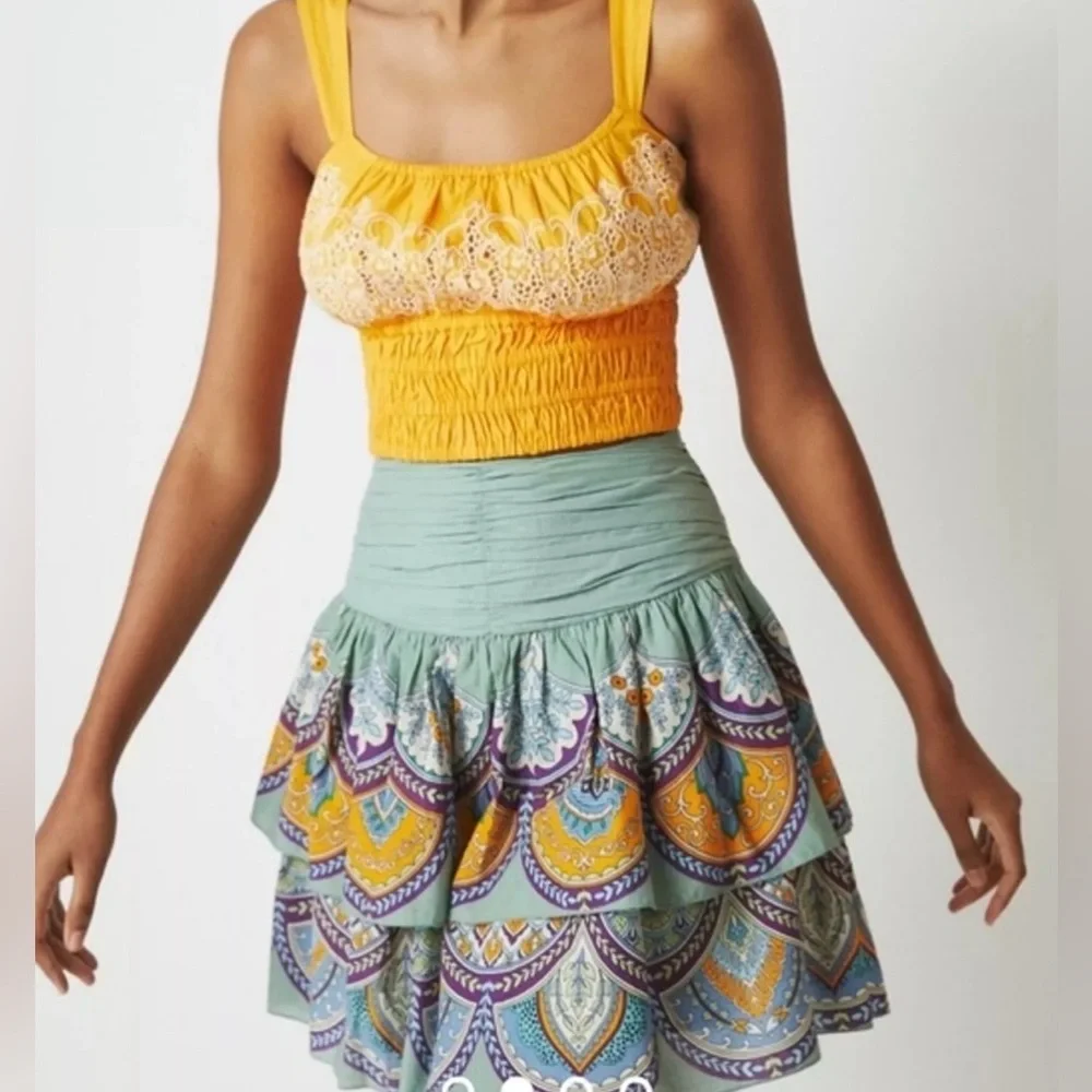 Anthropologie Let Ne Be Tiered Bohemian Mint Mini Skirt, XXS